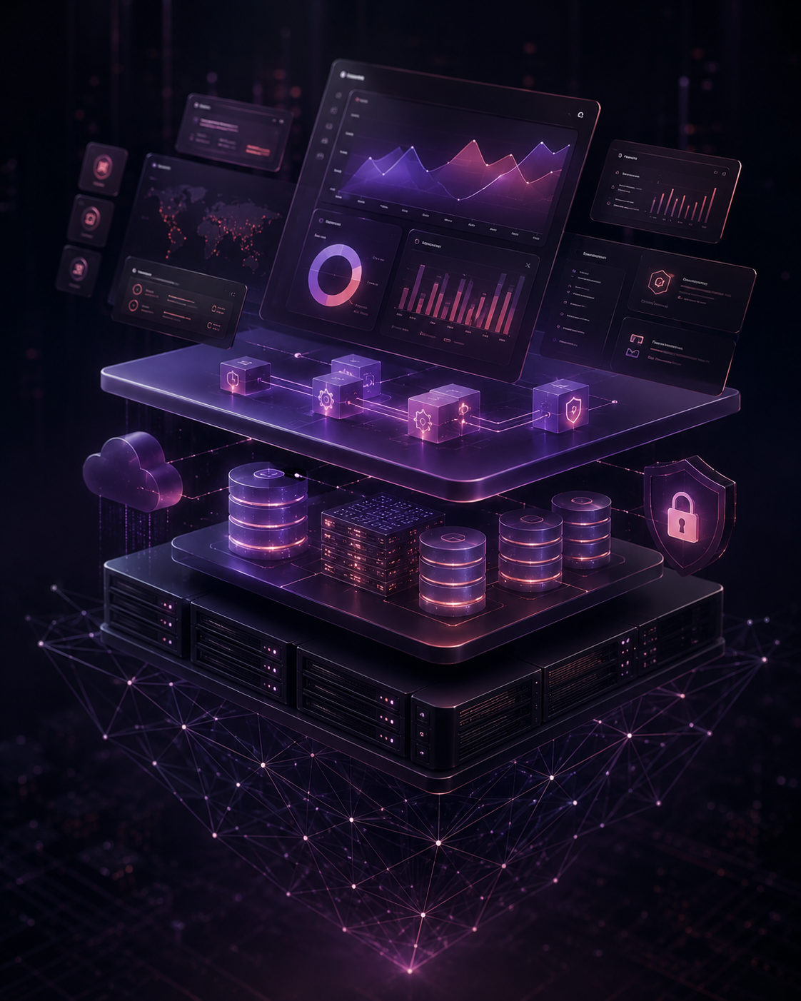 Homepage hero: dark layered interface, dashboard cards, database lines, hidden structural wire motif
