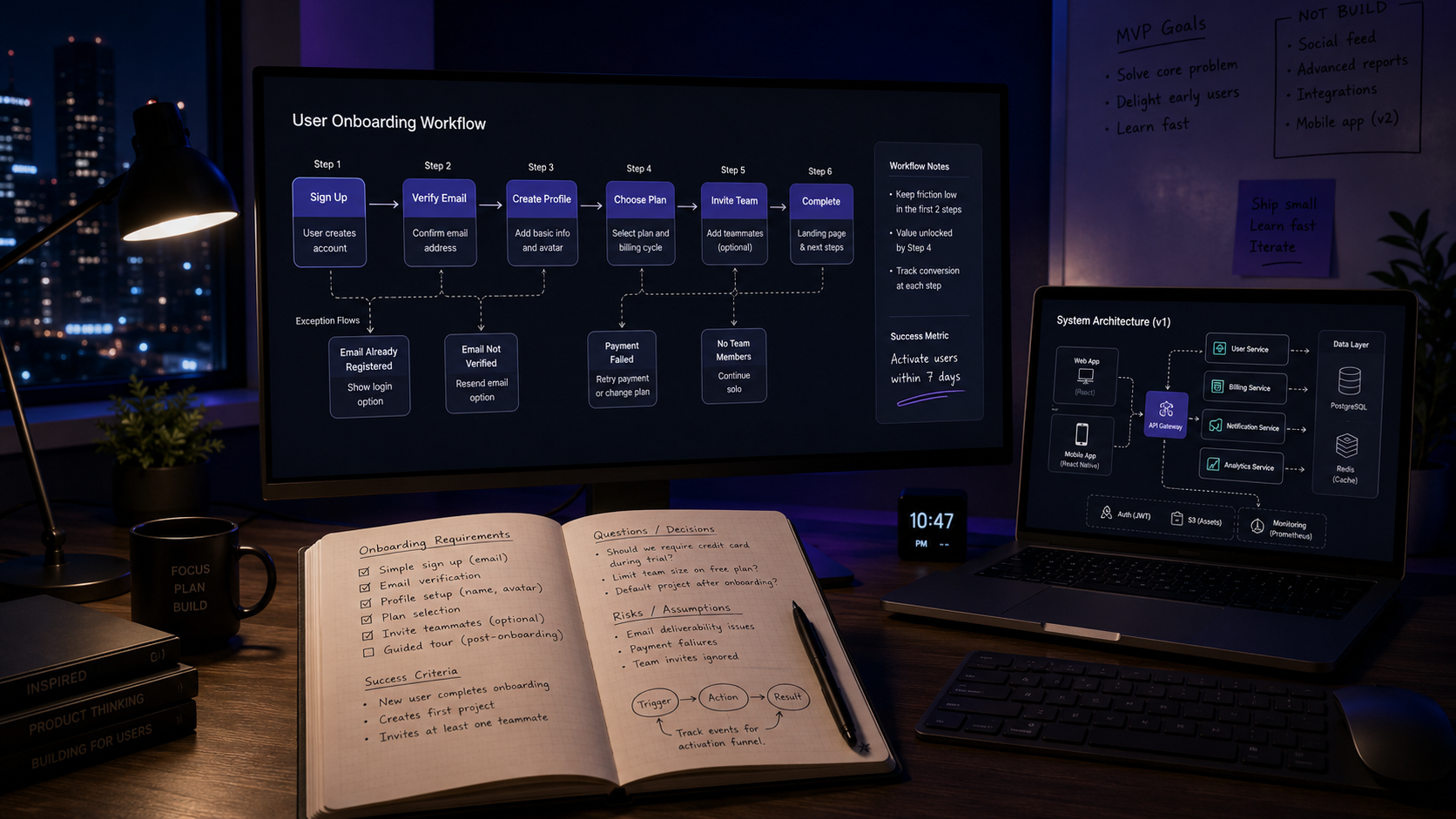 Process: process map, requirement notes, workflow arrows, system architecture sketch