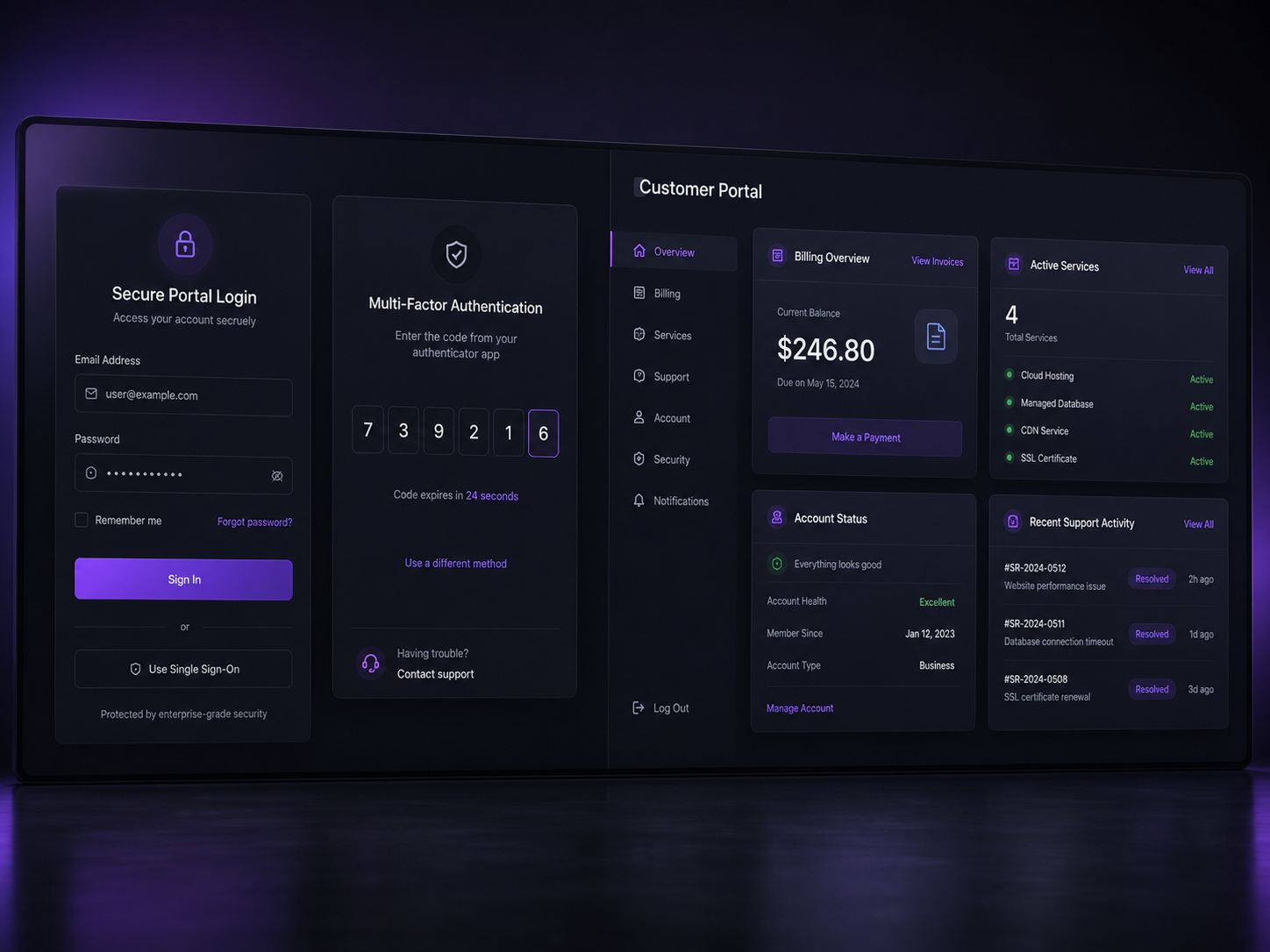 Services: secure portal login and customer account panels