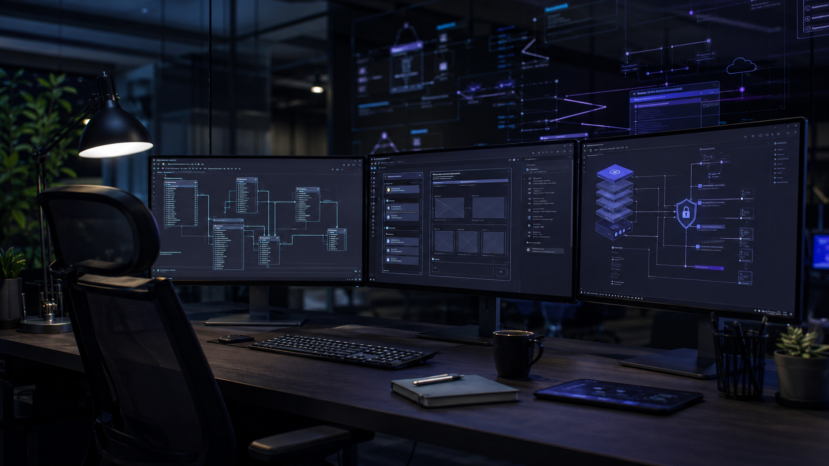 Services: dark studio workspace, wireframe screens, database diagrams, secure access layers