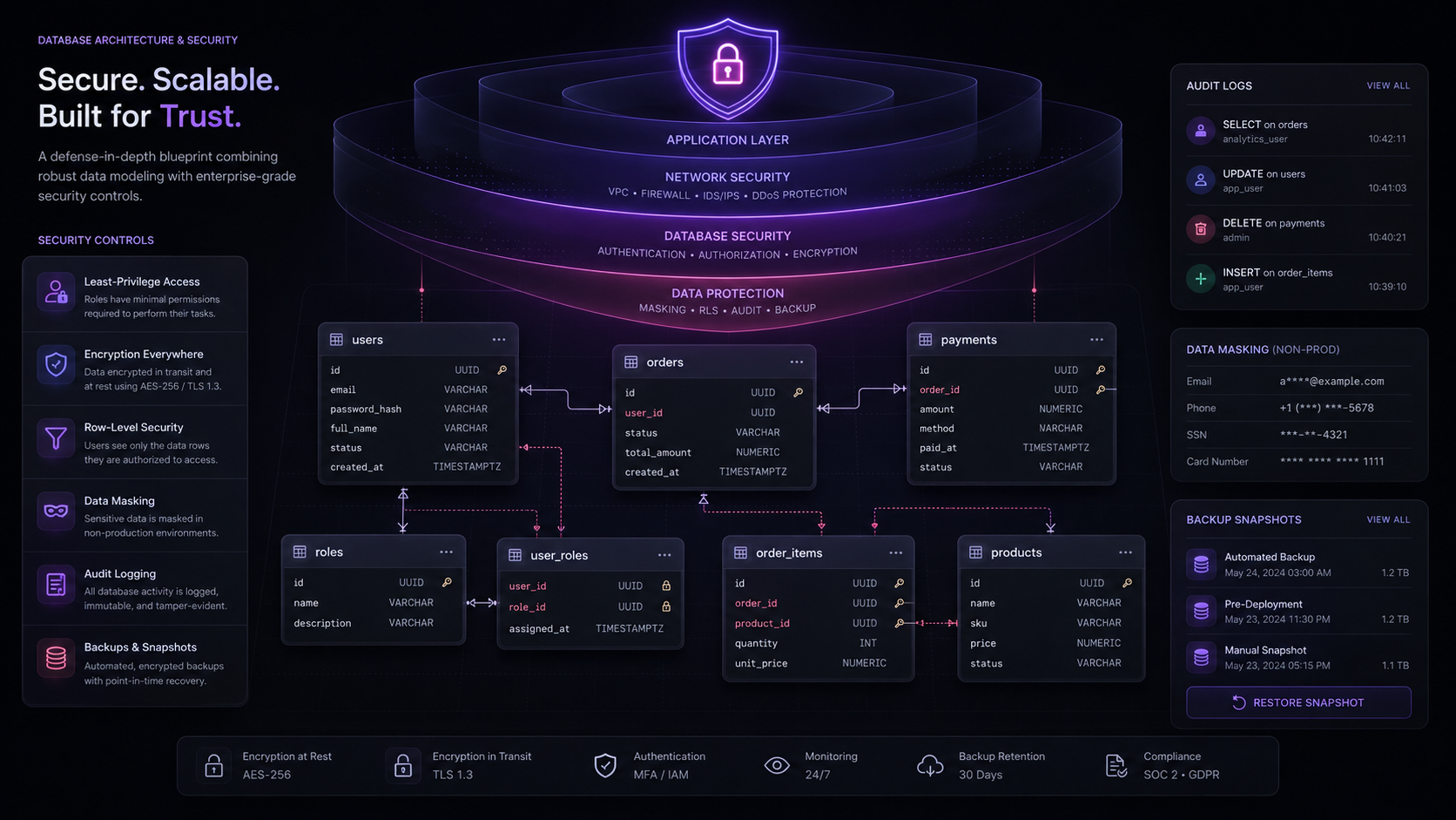 Services: structured database schema with security layer overlay